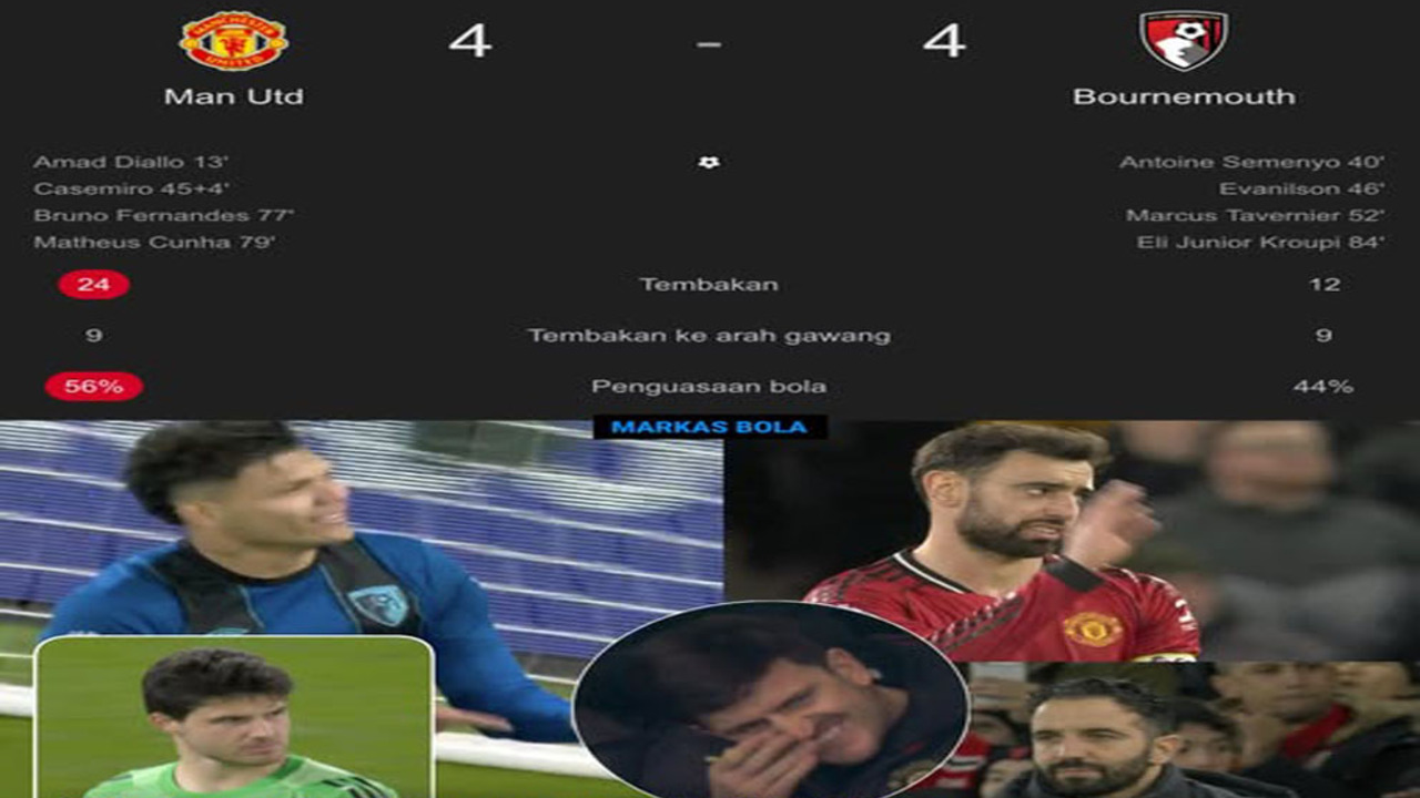 Hasil Liga Premier Inggris: Manchester United Ditahan Bournemouth 4-4.