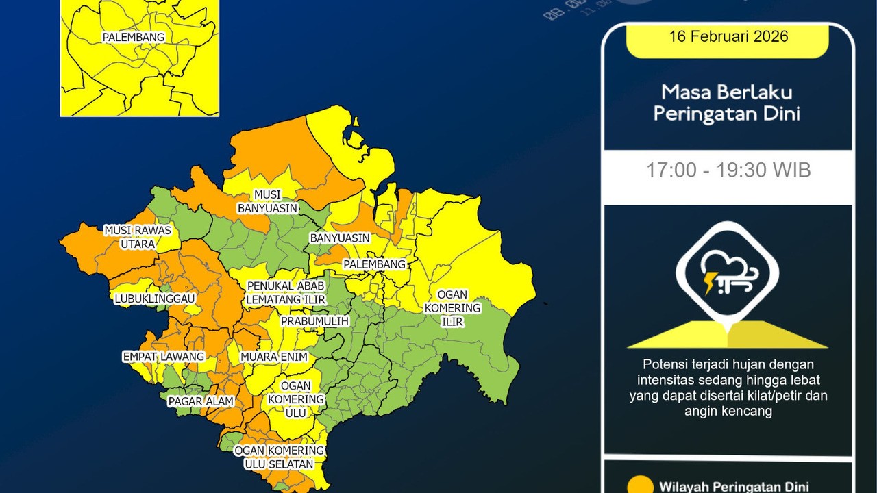 Hujan Sedang Berpotensi Guyur Banyuasin, OKI, hingga Palembang