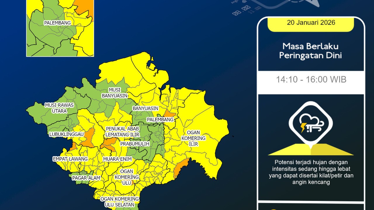 Waspada Hujan Petir! Sejumlah Wilayah Sumsel Diguyur Hujan Sedang Hari Ini