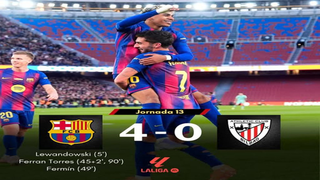 Hasil LaLiga Spanyol: Barcelona 4-0 Athletic Bilbao, Barca Kembali ke Puncak Klasemen.
