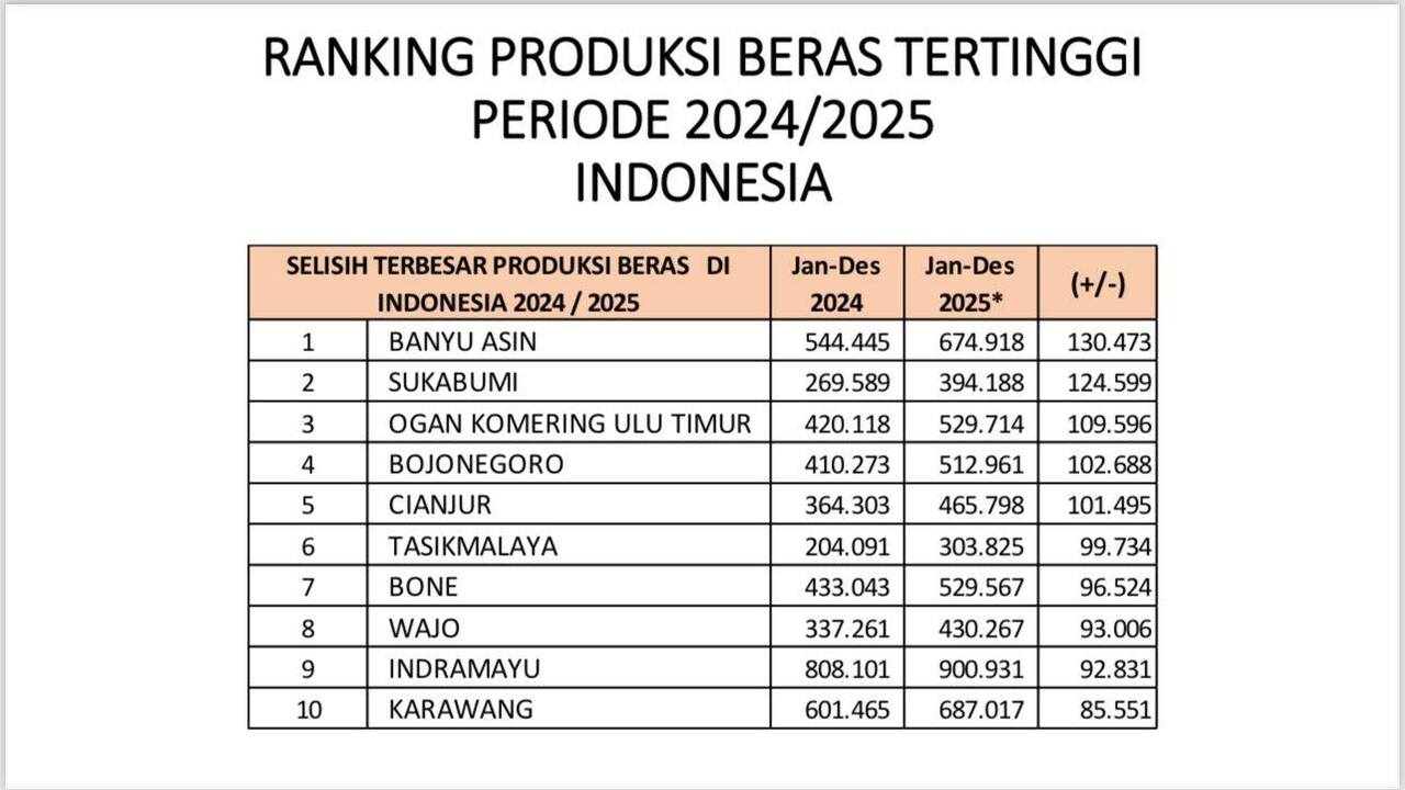 DATA TERBARU 2026 : Ini 10 Kabupaten Penghasil Beras Terbanyak di Indonesia, Banyuasin Nomor Berapa ?