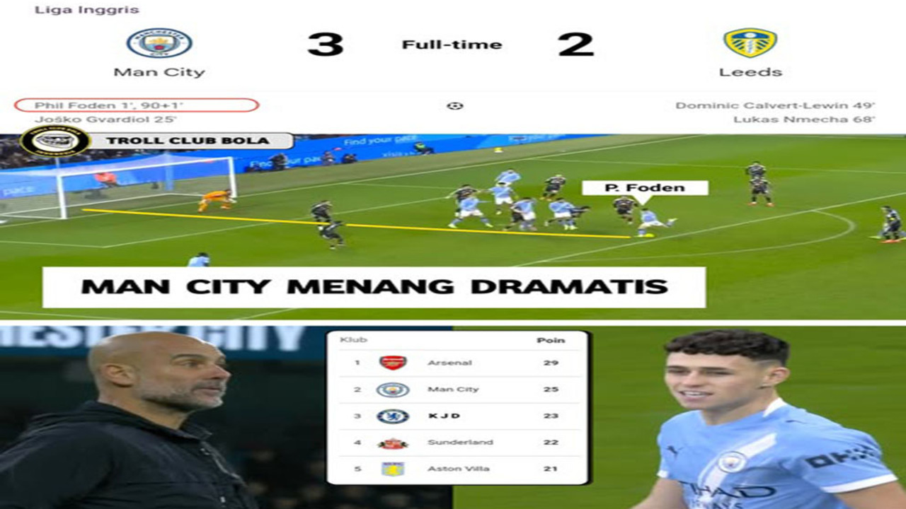 Hasil Liga Premier Inggris: Manchester City 3-2 Leeds United.