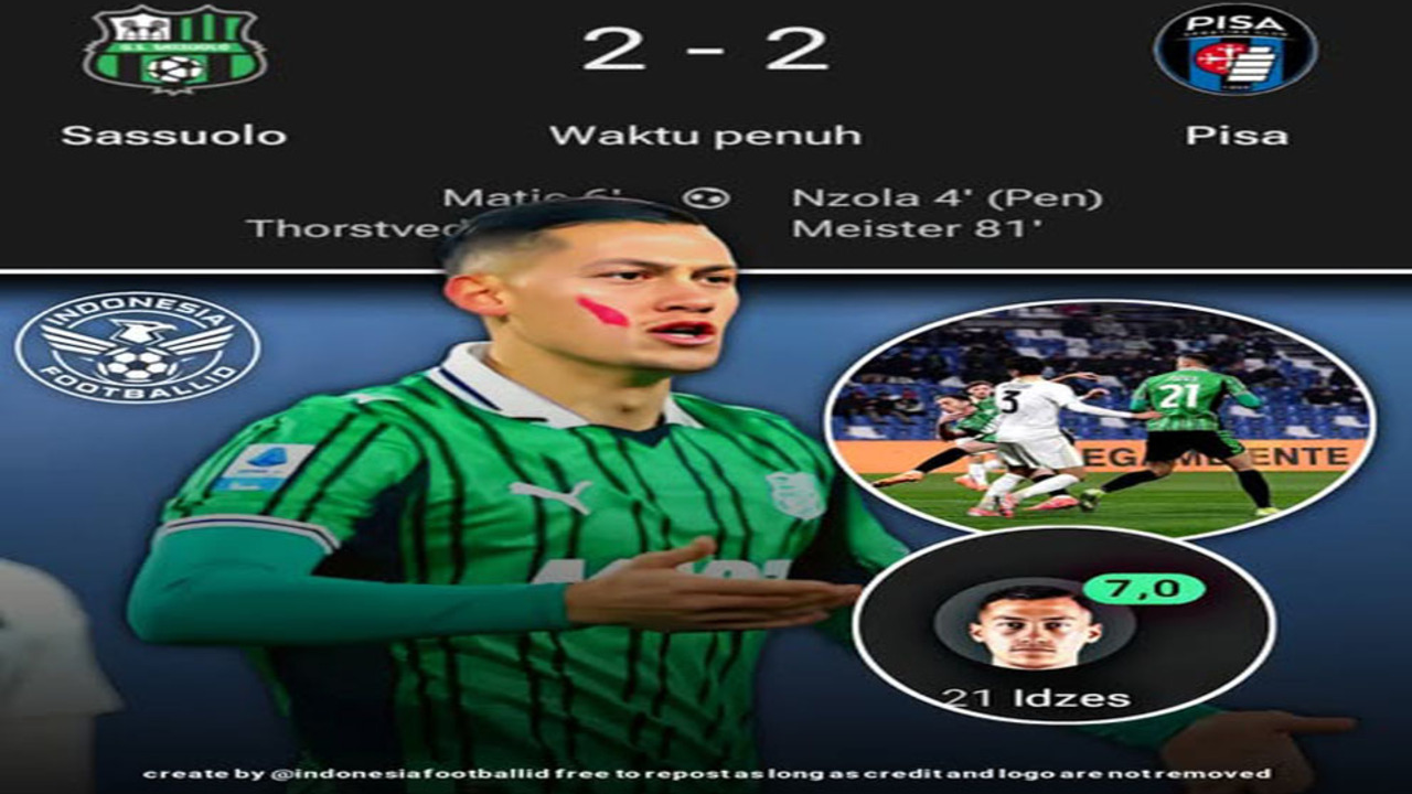 Hasil Liga Seri A Italia: Sassuolo Imbang 2-2 vs Pisa, Jay Idzes Solid 90 Menit.
