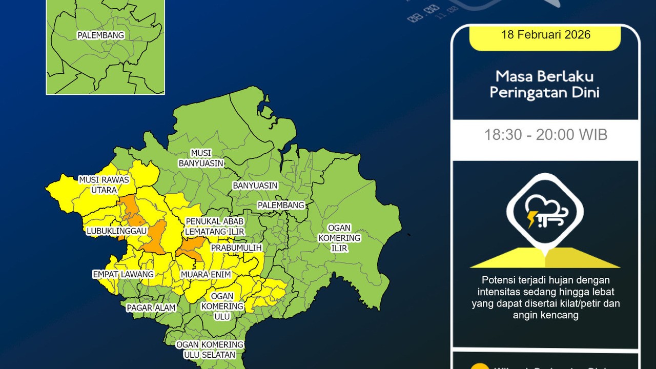 BMKG Peringatkan Hujan Disertai Petir di Sumsel, Palembang dan Sekitarnya Waspada