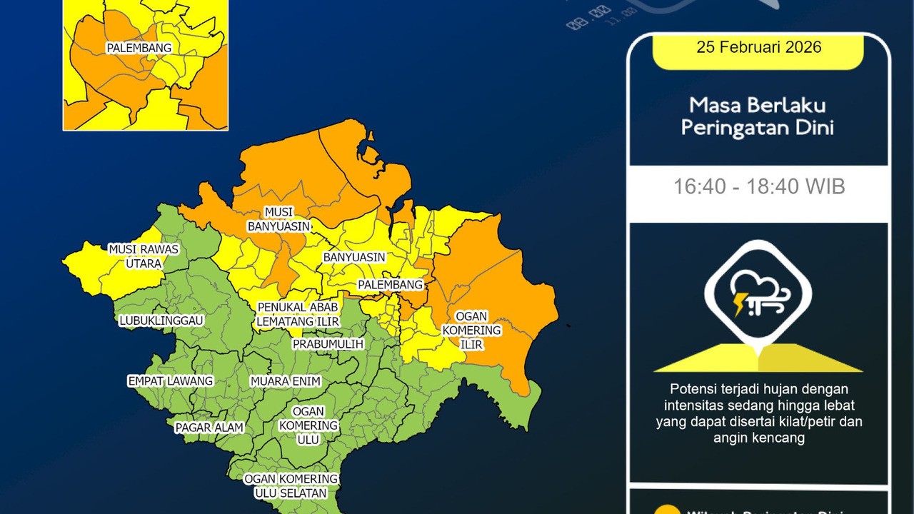 Sumsel Diguyur Hujan Mulai Sore hingga Dini Hari, Ini Wilayah yang Perlu Waspada