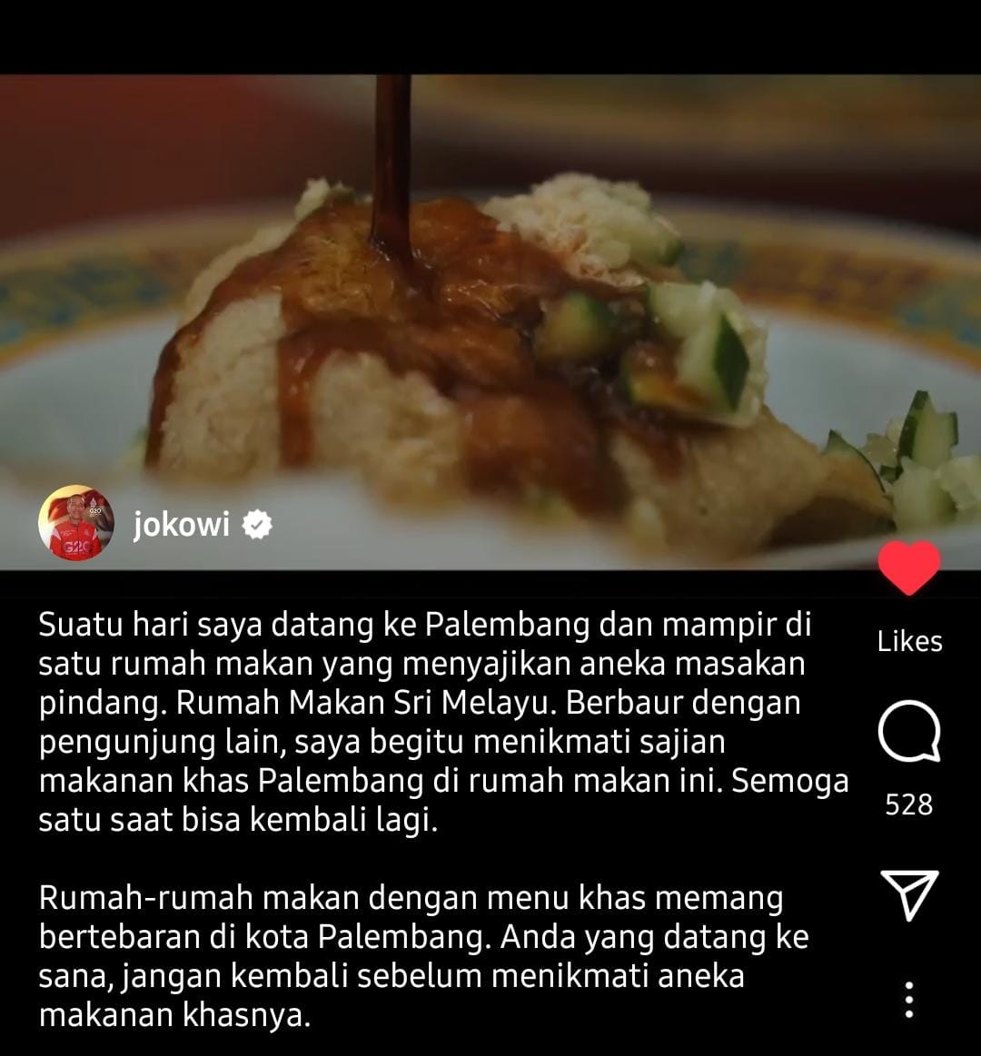 Jokowi Kenalkan Beragam Hidangan Khas Palembang di Akun Instagram Miliknya