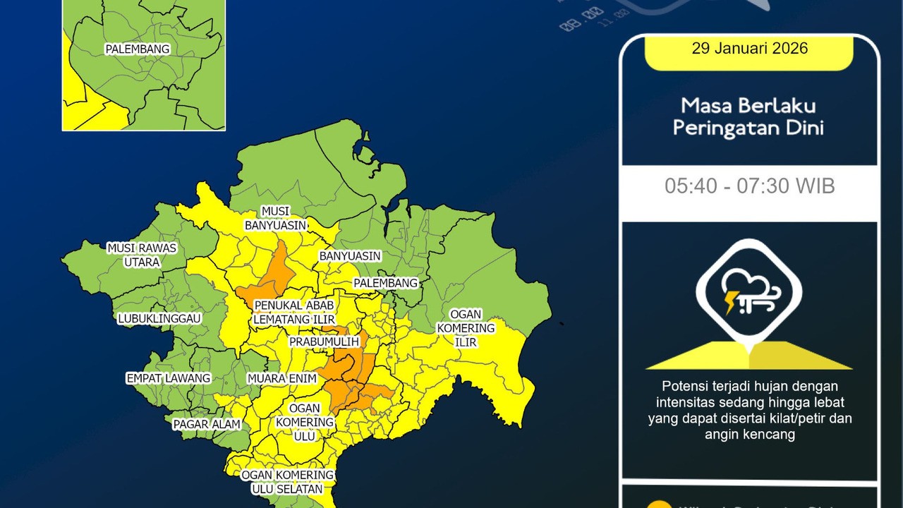 Sumsel Berpotensi Diguyur Hujan Seharian, BMKG Ingatkan Warga Waspada Petir dan Angin Kencang Kamis Ini
