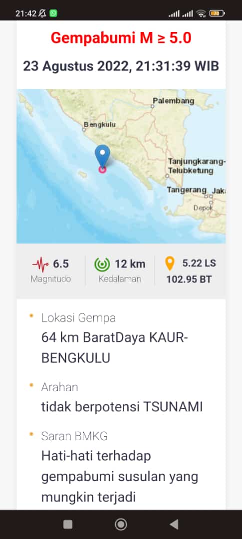 Gempa 6.5 Magnitudo di Bengkulu Terasa Kuat Hingga Ke OKU