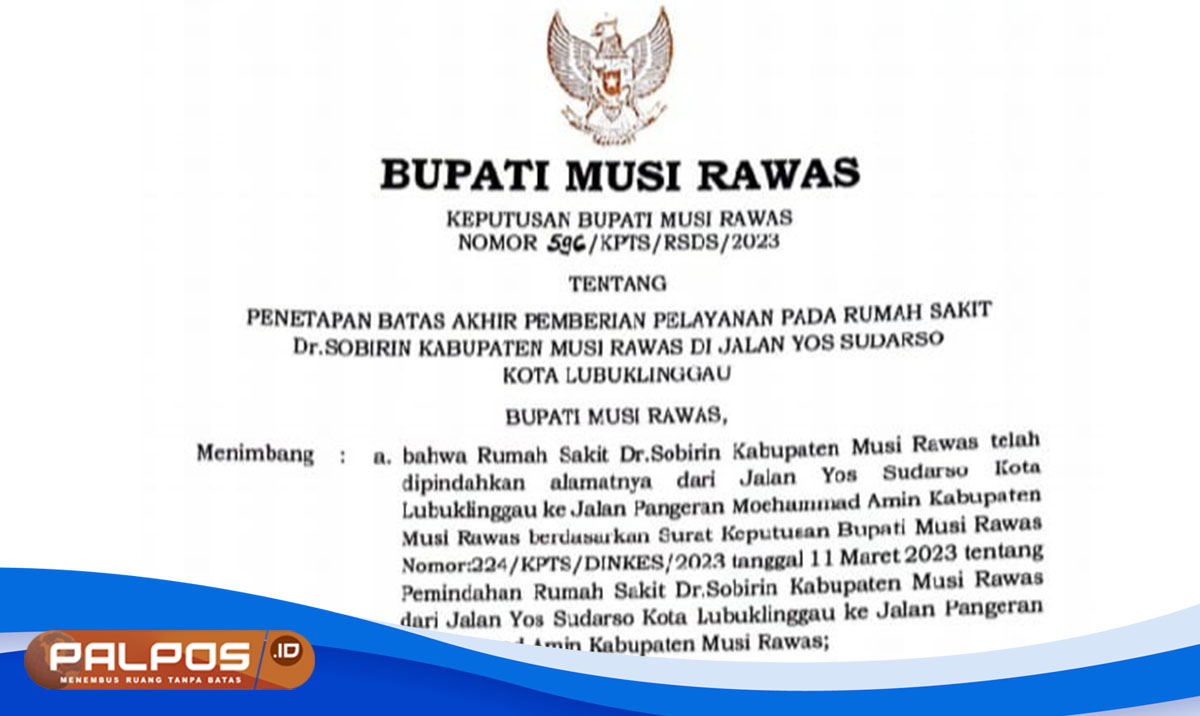 Bupati Musi Rawas Instruksikan Penghentian Pelayanan RS Dr. Sobirin  per 30 November 2023 ! 