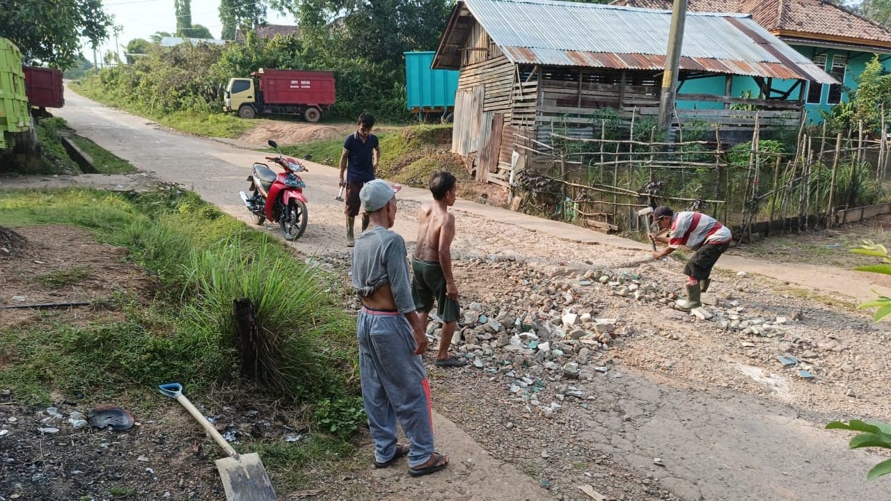 Warga Desa Tanjung Beringin Gotong Royong Perbaiki Jalan Rusak