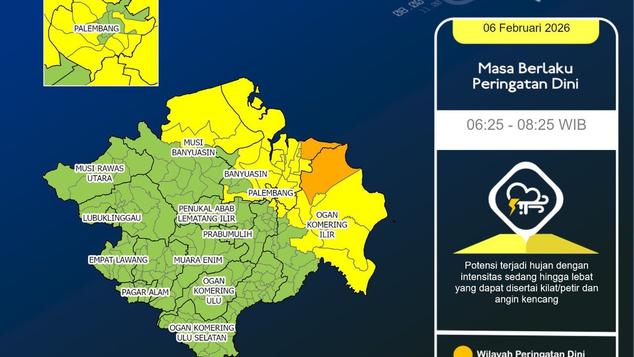 Cuaca Sumatera Selatan Hari Ini, Jumat 6 Februari 2026: Hujan Merata dari Pagi hingga Dini Hari