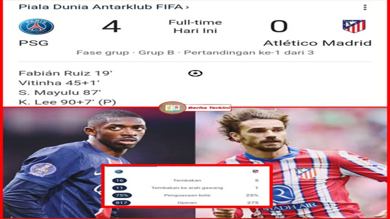 Hasil PSG vs Atletico: 4 Gol Tanpa Balas, Atletico Rontok, Clement Lenglet Kartu Merah!