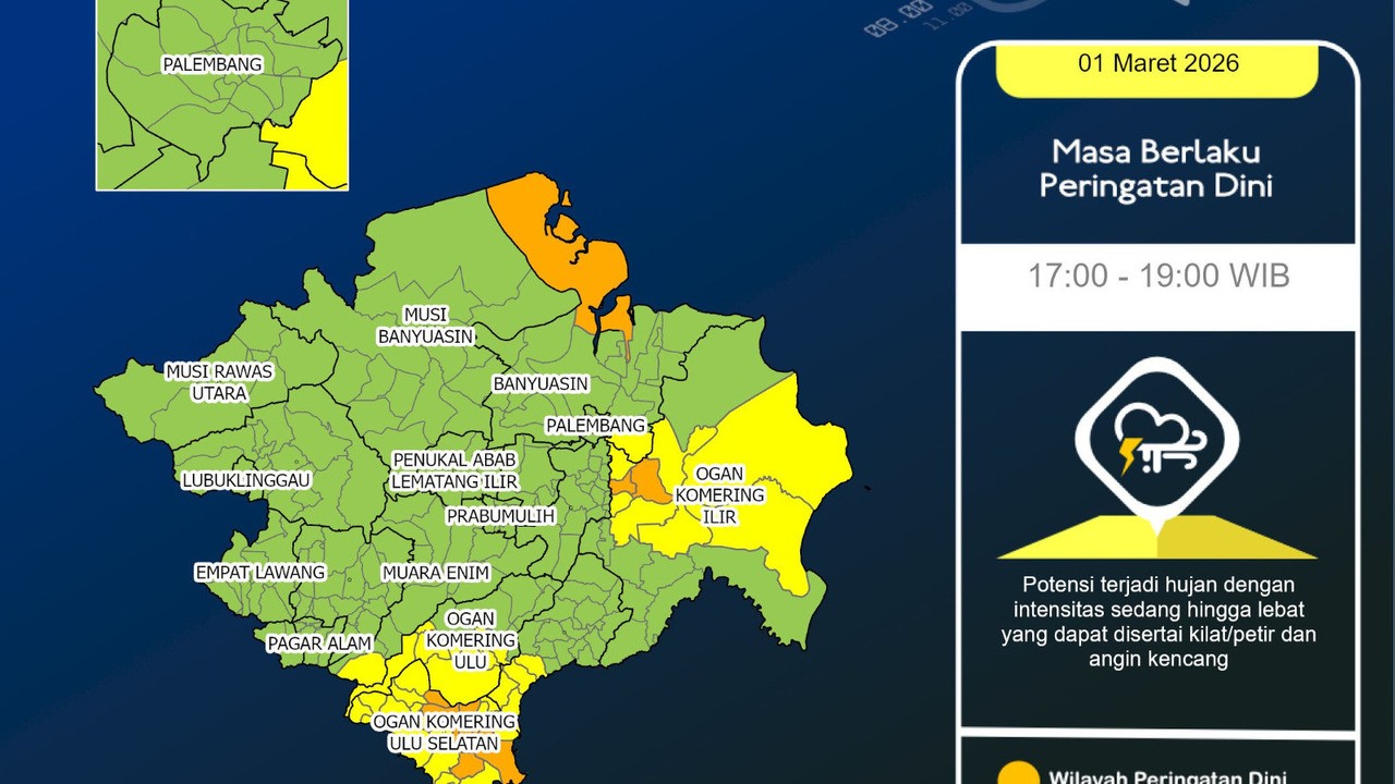 OKI dan OKU Berpotensi Hujan Sedang Disertai Petir