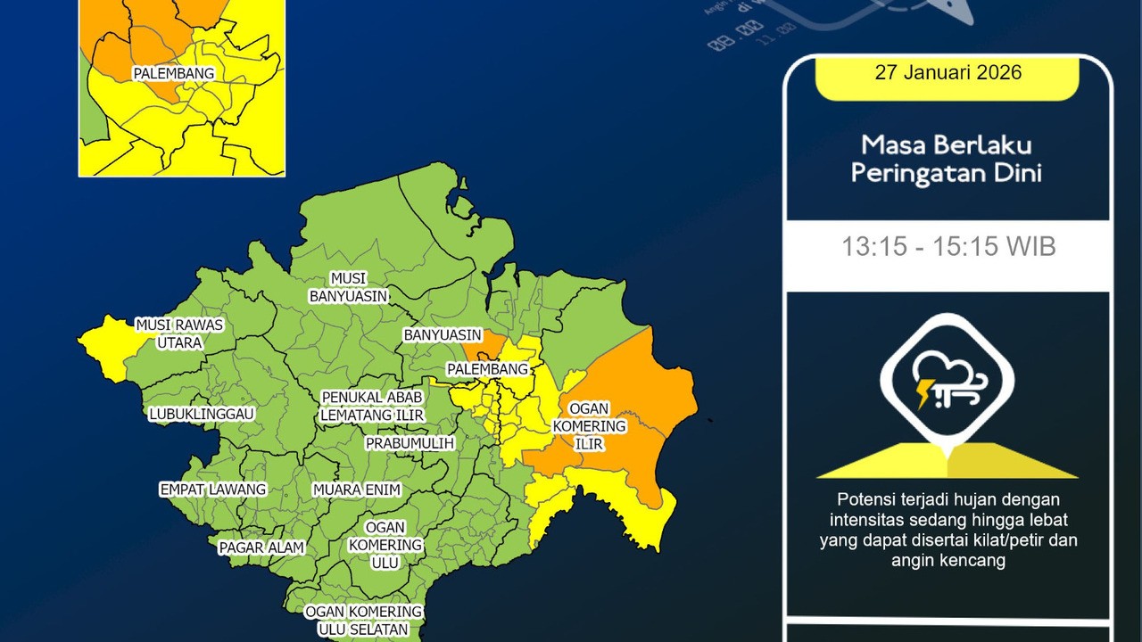 Prakiraan Cuaca Sumatera Selatan Selasa 27 Januari 2026, Waspada Hujan Disertai Petir