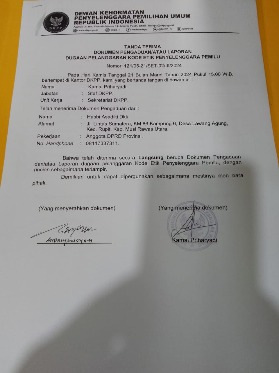 Diduga Melanggar Etik, Komisioner KPU dan Bawaslu Muratara Dilaporkan ke DKPPU RI