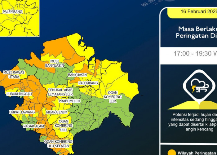 Hujan Sedang Berpotensi Guyur Banyuasin, OKI, hingga Palembang