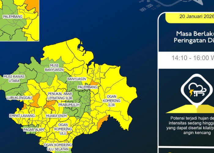 Waspada Hujan Petir! Sejumlah Wilayah Sumsel Diguyur Hujan Sedang Hari Ini