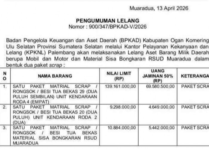 BPKAD OKU Selatan Umumkan Lelang Aset Kendaraan dan Scrap RSUD Muaradua