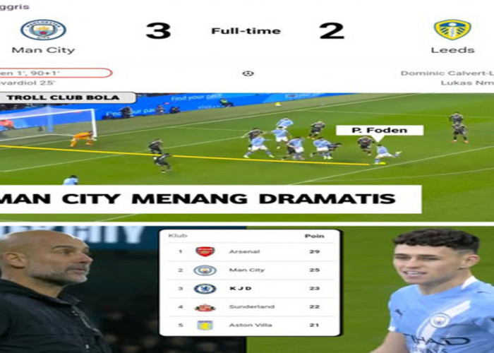 Hasil Liga Premier Inggris: Manchester City 3-2 Leeds United.