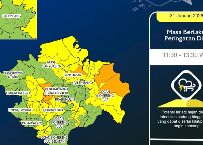 Waspada Hujan Lebat ! Cuaca Sumsel Sabtu 31 Januari 2026 Berpotensi Ekstrem dari Siang hingga Dini Hari 