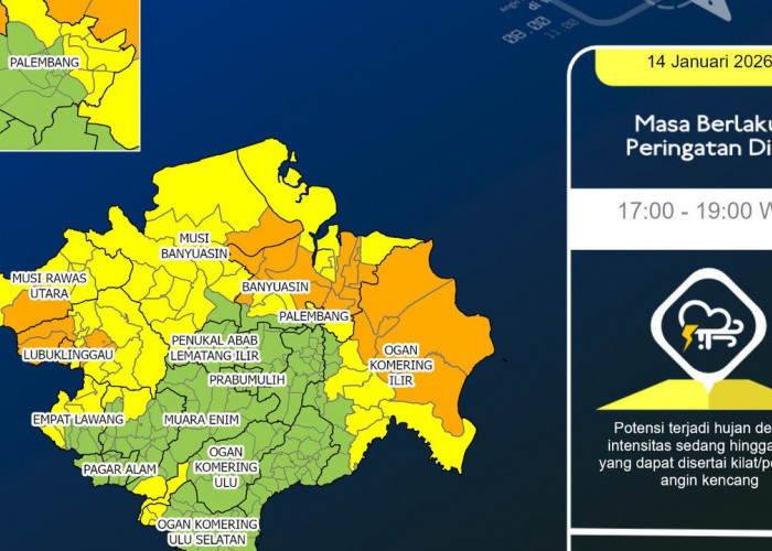 Hujan Lebat Disertai Petir dan Angin Kencang Mengintai Sejumlah Wilayah di Sumsel