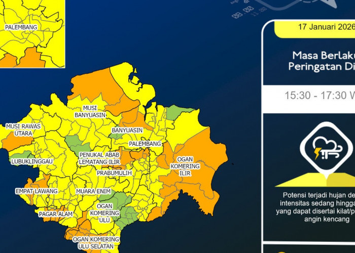 Cuaca Sumsel Sabtu Ini Didominasi Berawan, Sejumlah Daerah Berpotensi Hujan Sedang