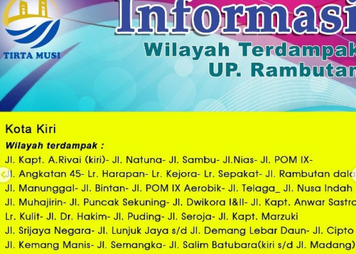 Distribusi Air Perumda Tirta Musi Palembang di 3 Wilayah Ini Disetop, Cek Daftarnya Disini…