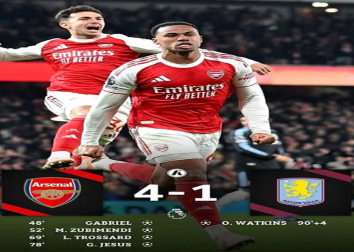 Hasil Liga Premier Inggris: Arsenal 4-1 Aston Villa, Arsenal Nyaman di Puncak Klasemen.
