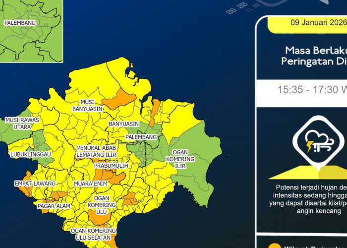 Hujan Lebat Mengintai, BMKG Ingatkan Warga Sumsel Waspada Petir dan Angin Kencang Jumat Ini