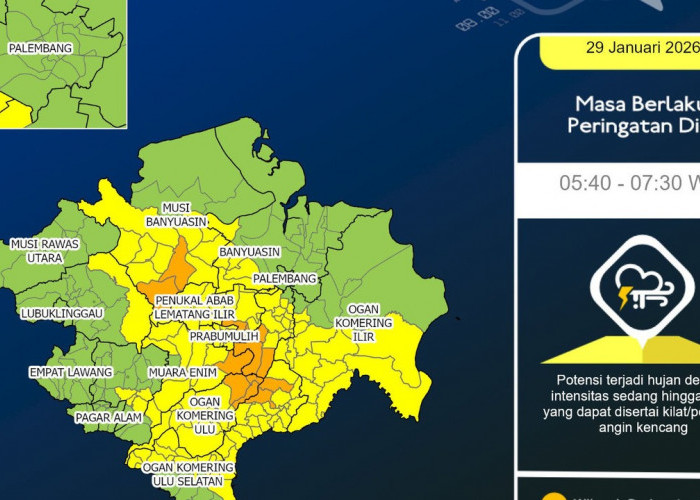 Sumsel Berpotensi Diguyur Hujan Seharian, BMKG Ingatkan Warga Waspada Petir dan Angin Kencang Kamis Ini