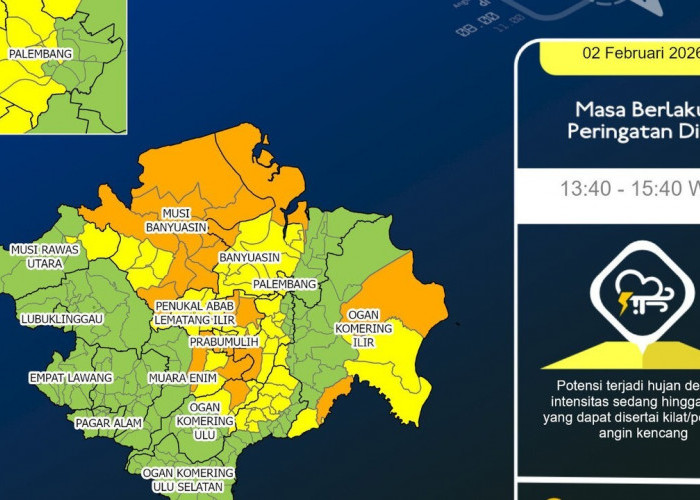 Peringatan Dini Cuaca Ekstrem Sumatera Selatan, Hujan Lebat, Petir, dan Angin Kencang Mengancam Sejumlah Wilay