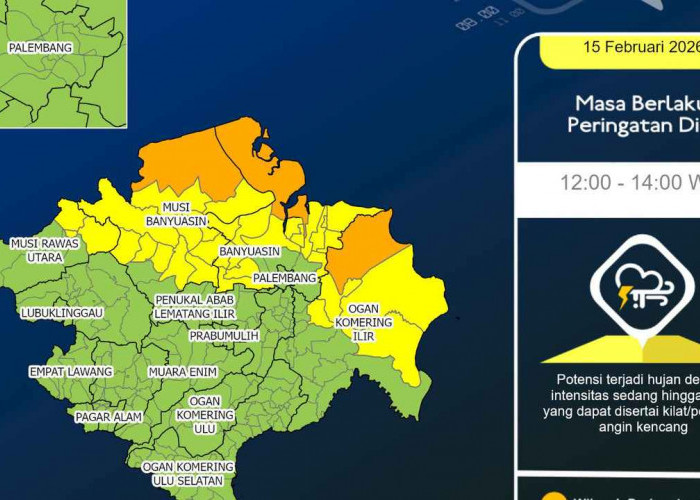 BMKG Sumsel: Hujan Disertai Kilat dan Angin Kencang Berpotensi Terjadi di Sejumlah Wilayah