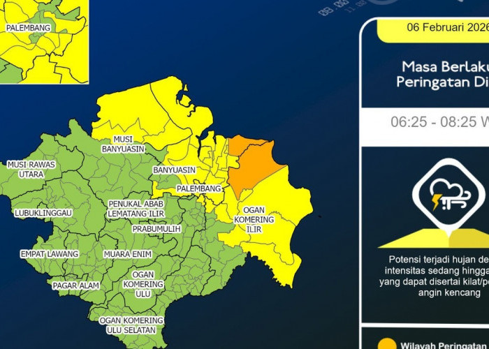 Cuaca Sumatera Selatan Hari Ini, Jumat 6 Februari 2026: Hujan Merata dari Pagi hingga Dini Hari