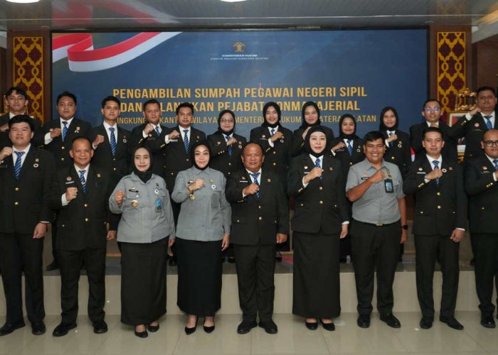 Lantik Pegawai Fungsional  dan CASN, Kakanwil Kemenkum Sumsel Minta Jajaran Pegang Teguh Tata Nilai BerAKHLAK