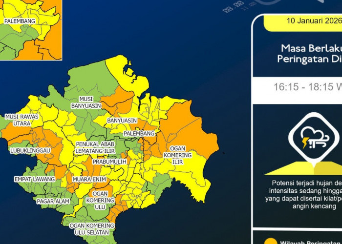 Hujan Sedang Berpeluang Turun Malam Ini, Warga Sumsel Diminta Waspada