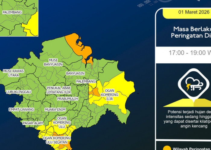 OKI dan OKU Berpotensi Hujan Sedang Disertai Petir