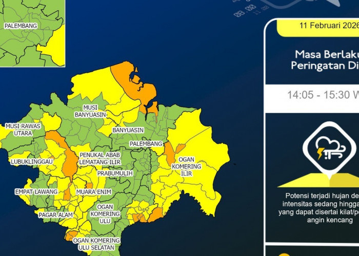 Peringatan Dini BMKG Sumsel Rabu 11 Februari 2026, Ini Daftar Wilayah Berpotensi Hujan Sedang