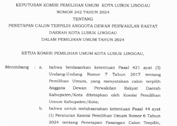 KPU Kota Lubuklinggau Tetapkan Anggota DPRD Periode 2024-2029