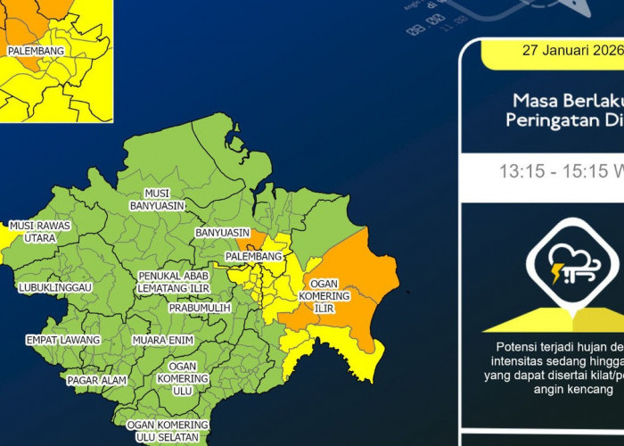 Prakiraan Cuaca Sumatera Selatan Selasa 27 Januari 2026, Waspada Hujan Disertai Petir