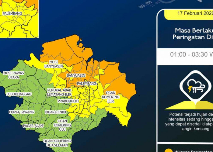 Siang–Malam Sumsel Diguyur Hujan, BMKG Peringatkan Petir dan Angin Kencang